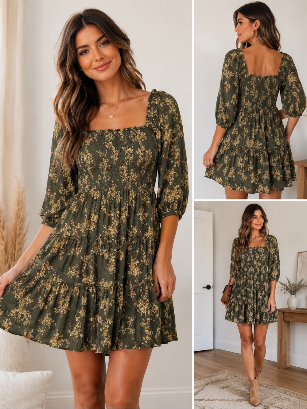 NWT Angie Olive Green Floral Smocked Tiered Mini Dress Size M Boho Cottagecore